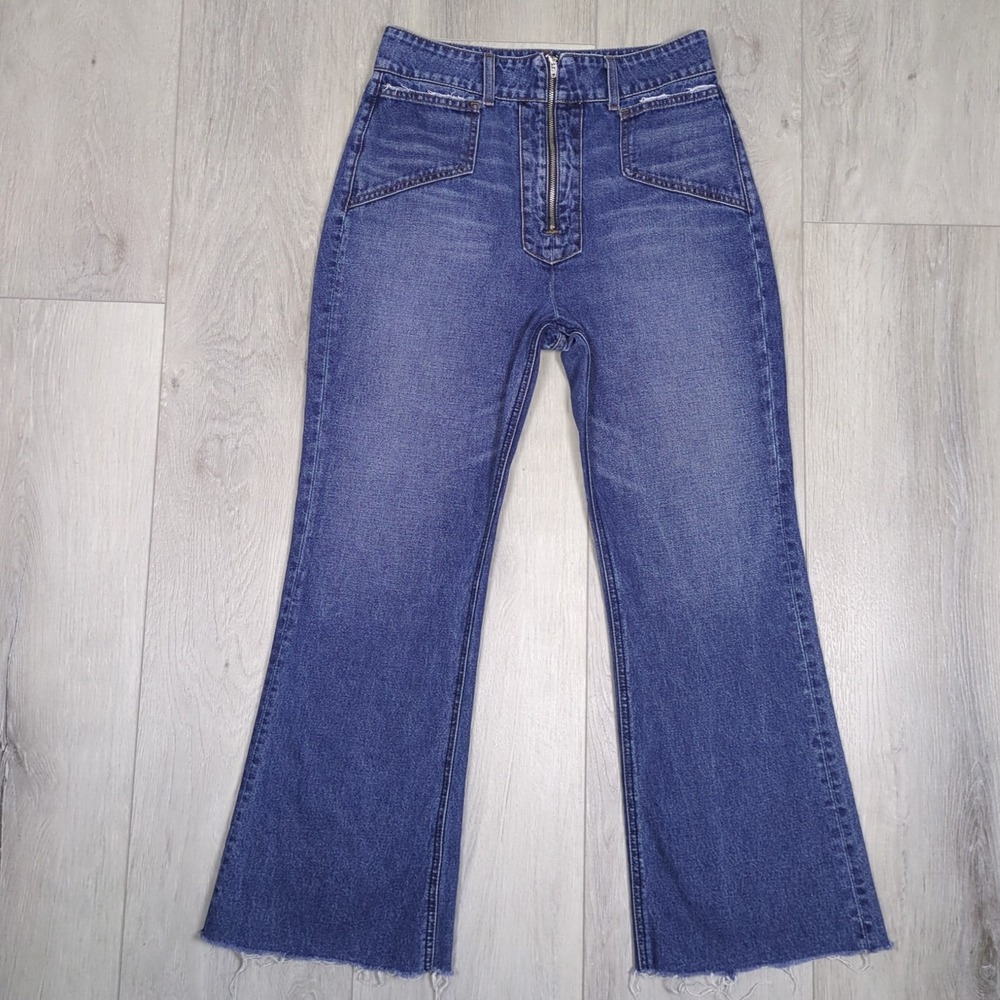 Reformation Cher Jeans Womens 27 Baltic Blue Flared Wide Leg Denim Zip Stonewash